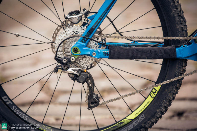 Well chosen. Cube chose the finest Shimano XTR parts for the drivetrain. The Shadow+ technology effectively prevents the chain from slapping on the frame. As the cassette wears quicker on an E-MTB, a lower spec model is fitted to save your wallet when a replacement is needed. 