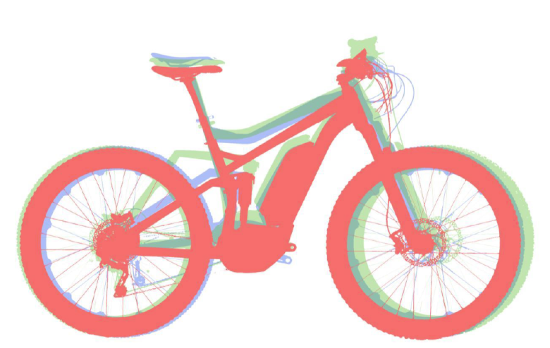Very important for Trek was to create the lowest possible standover height. Shown here in red. blue and green are the models of the Cube and Haibike
