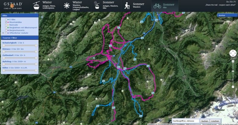 Die interaktive Tourenkarte zeigt lokale Trails, farblich gekennzeichnet für Einsatzgebiet und Schwierigkeitsgrad.