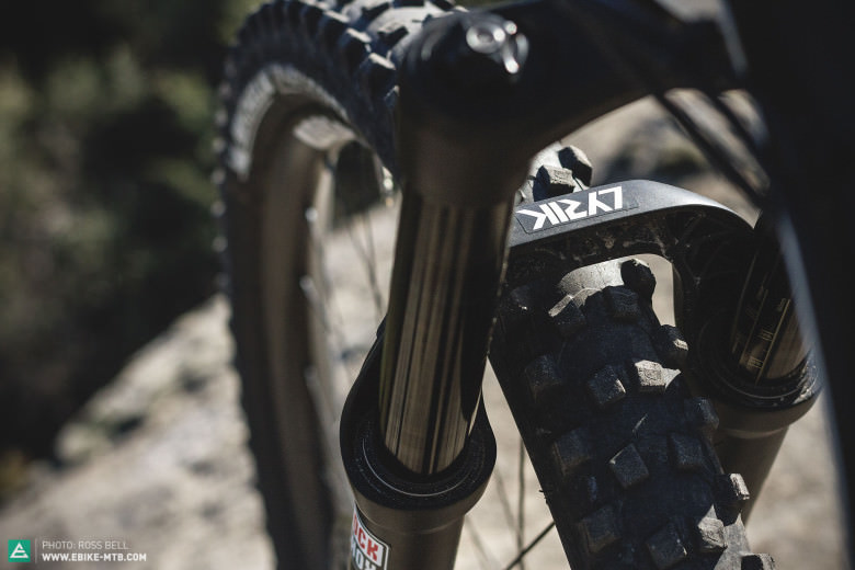 The 170mm RockShox Lyrik has had bottomless tokens inserted to prevent bottoming out with the added weight of the E-Bike.