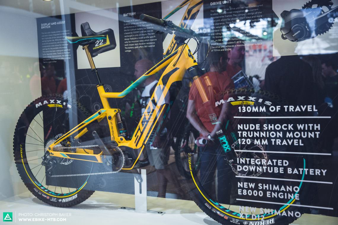Brand new and behind glass, so one can look but cannot touch – the new SCOTT E-Spark Plus with a Shimano Steps MTB-motor.