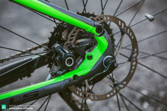 Short-sighted The brake mount might be visually well dialed into the frame, but unfortunately its position on the chainstay means there’s no space for a four-pot brake caliper. Given their reliance on powerful brakes, this is a major no-go for E-MTBs.

