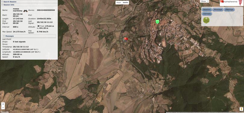 Screenshot des GPS-Ortungssystem Protegear. rote Markierung: Massa Vecchia grüne Markierung: aktuell angezeigte Position des Bikers